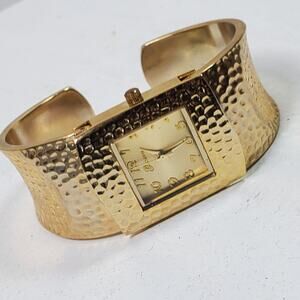 Geneva Hammered Metal Clamp Wristwatch Gold Tone